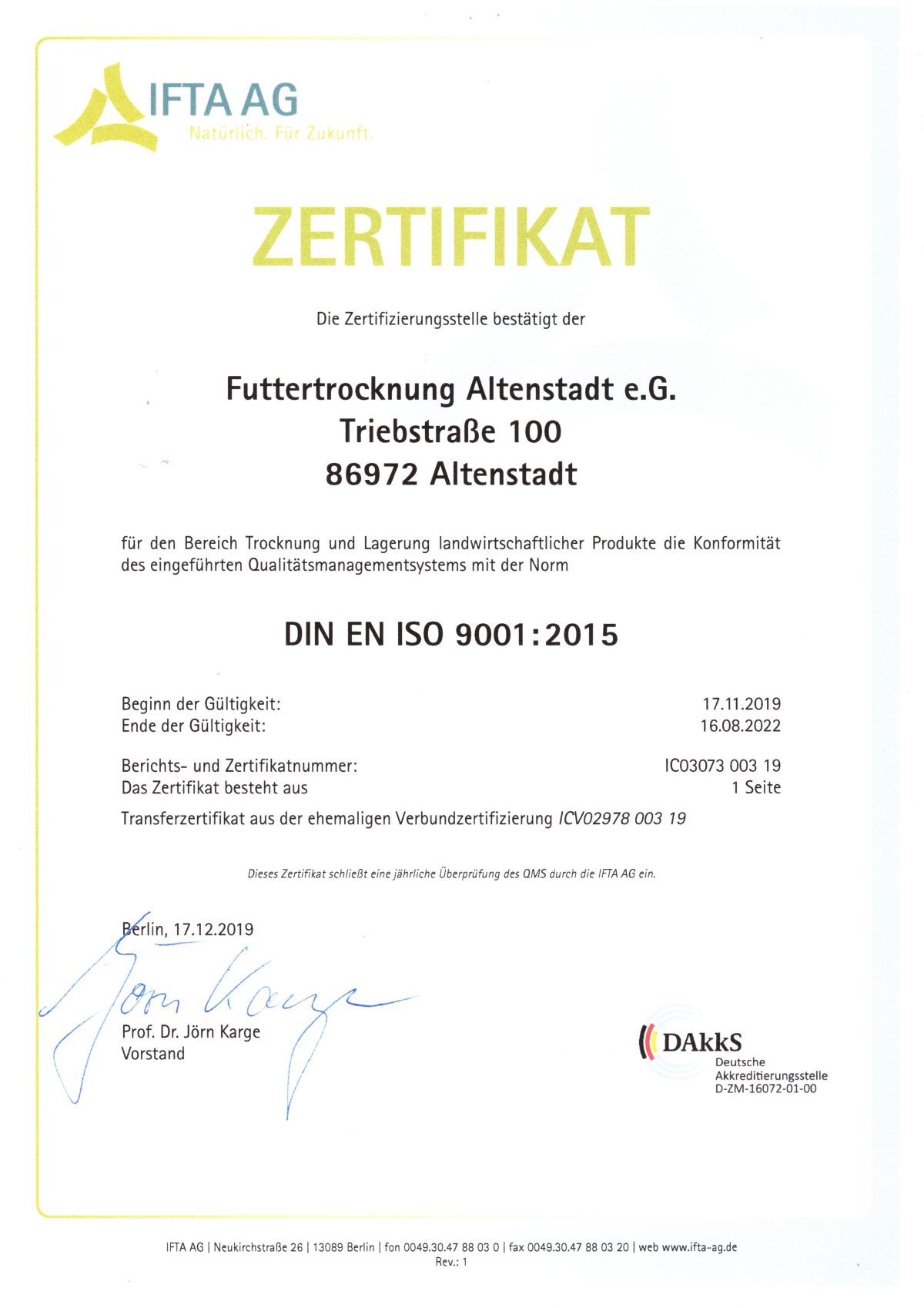 ISO 9001 - IFTA Zertifikat